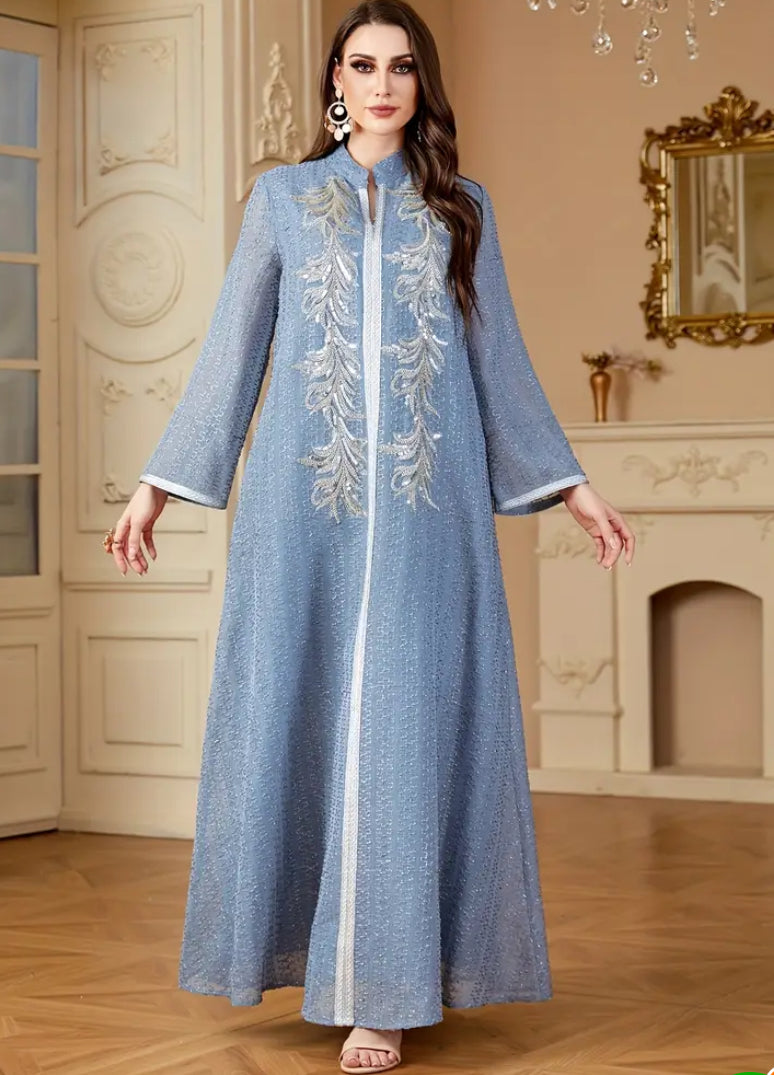 Royal Blue Chiffon Jalabiya with Luxury Silver Sequin Embroidery