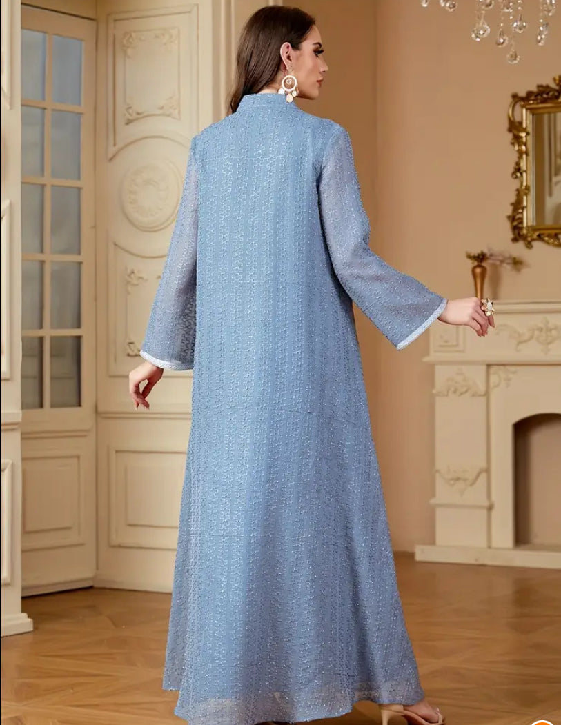 Royal Blue Chiffon Jalabiya with Luxury Silver Sequin Embroidery