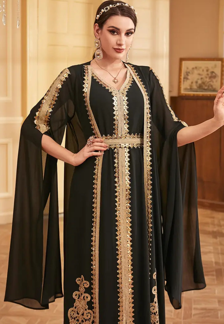 ✨ Royal Night: Gold-Embroidered Black Cape Kaftan ✨