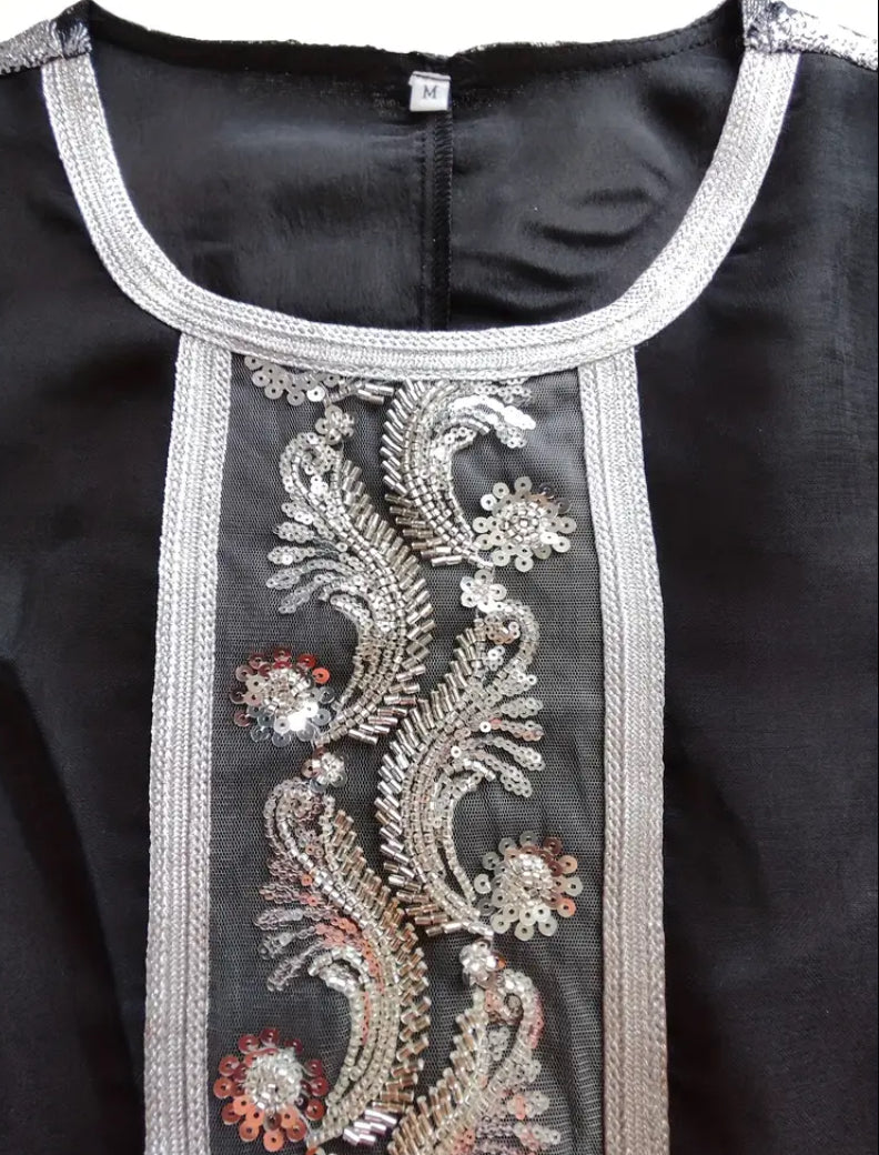 Luxury Black & Silver Sunflower Motif Jalabiya with Premium Embroidery