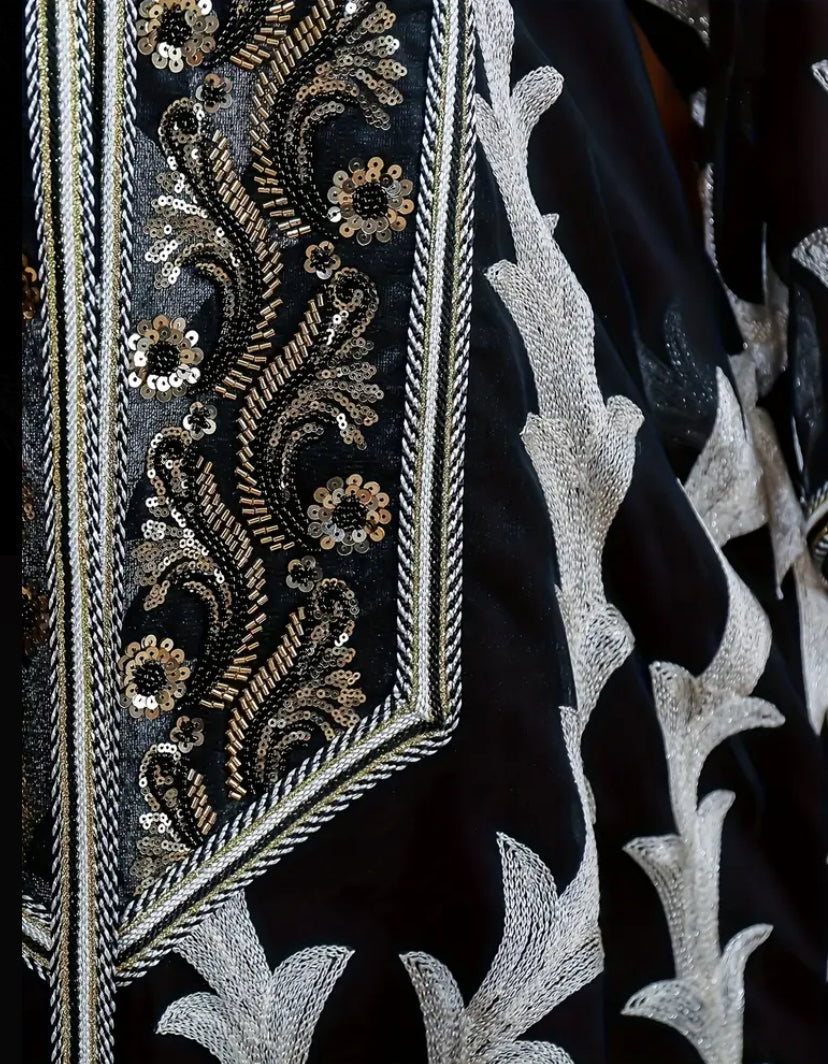 Luxury 2-Piece Black & Silver Embroidered Abaya Set with Inner Dress