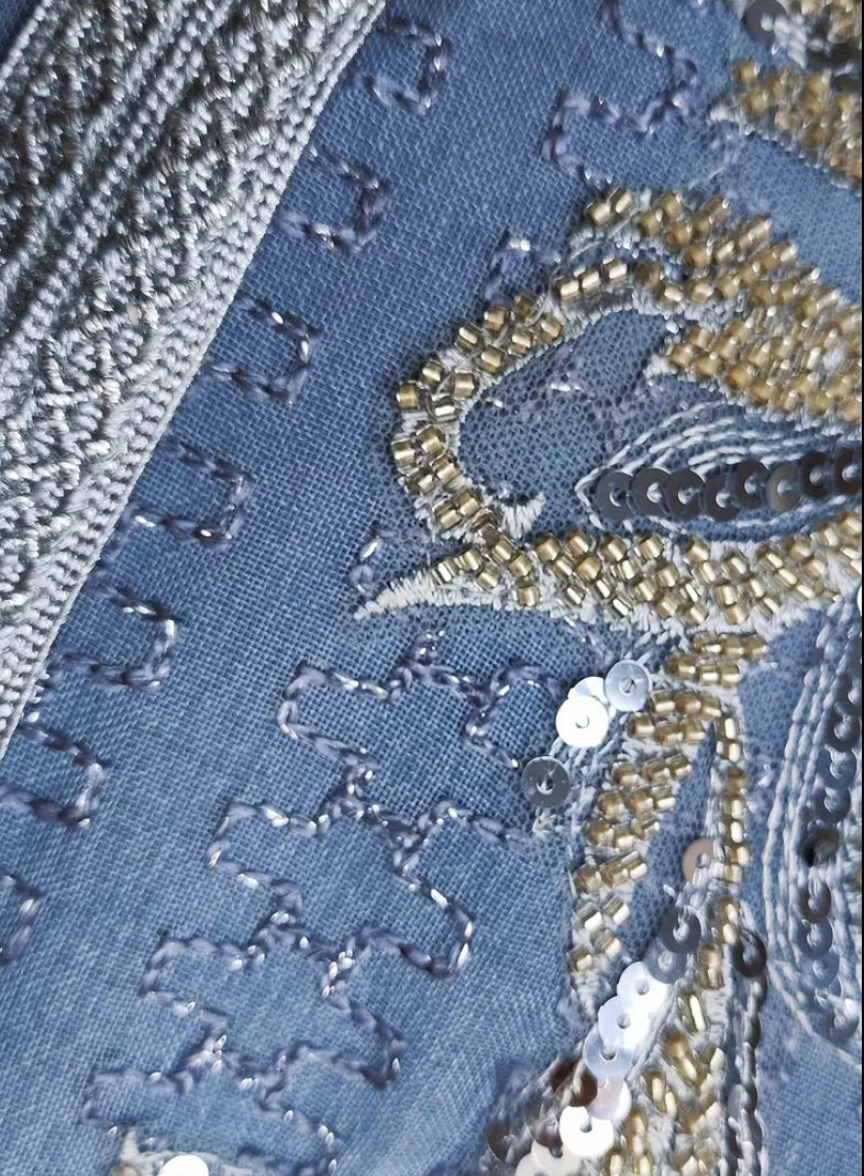 Royal Blue Chiffon Jalabiya with Luxury Silver Sequin Embroidery