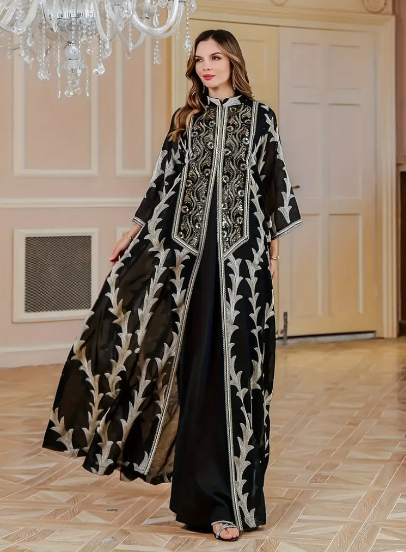 Luxury 2-Piece Black & Silver Embroidered Abaya Set with Inner Dress