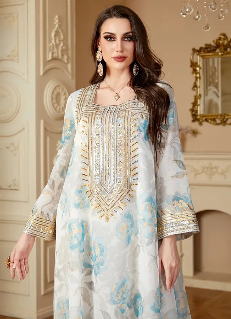 Premium Floral Organza Jalabiya with Luxury Hand-Embroidered Neckline