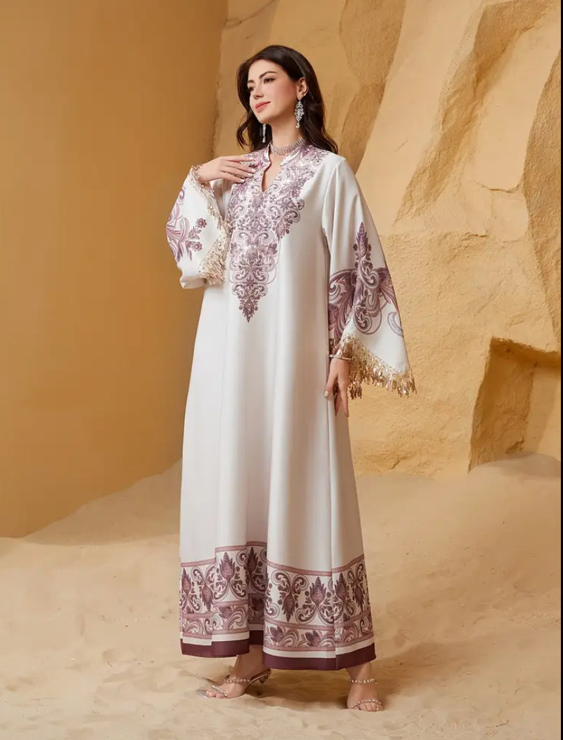 Ethereal Sage Embroidered Kaftan – Luxury Tassel-Trimmed Jalabiya