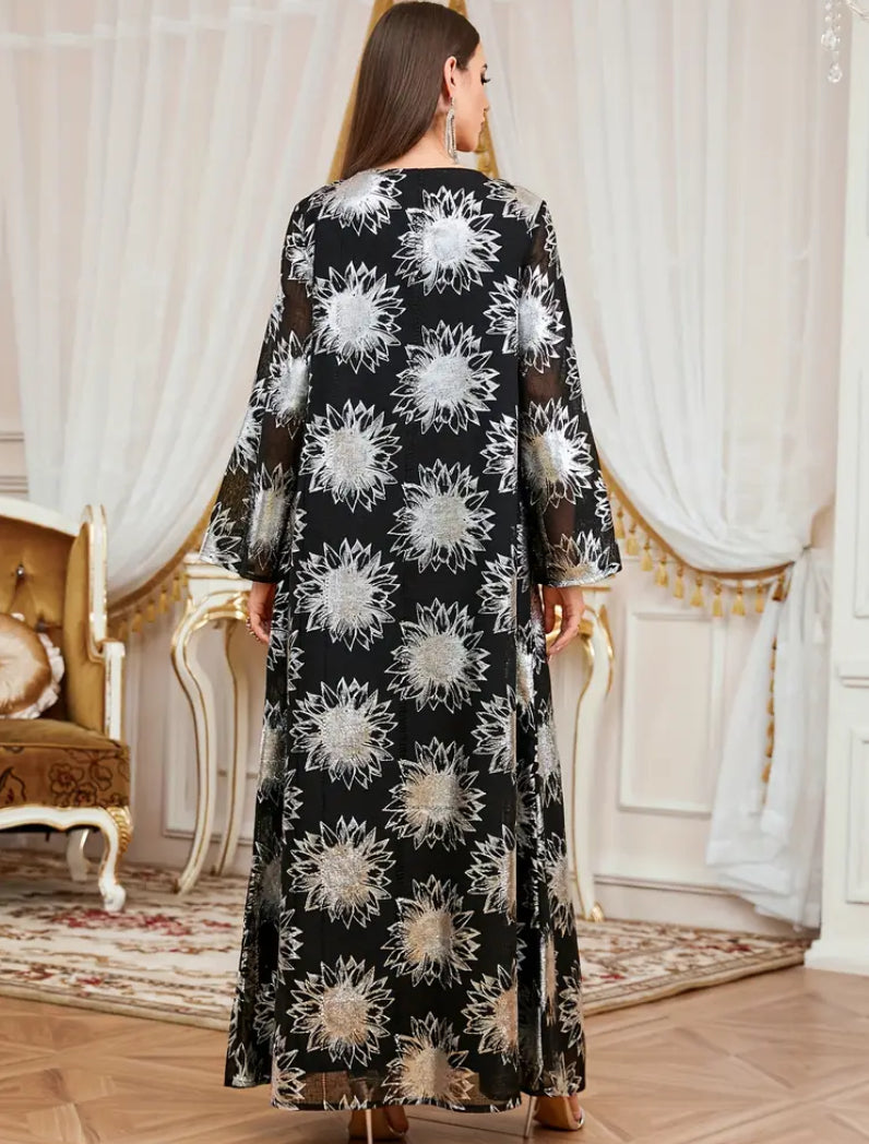Luxury Black & Silver Sunflower Motif Jalabiya with Premium Embroidery