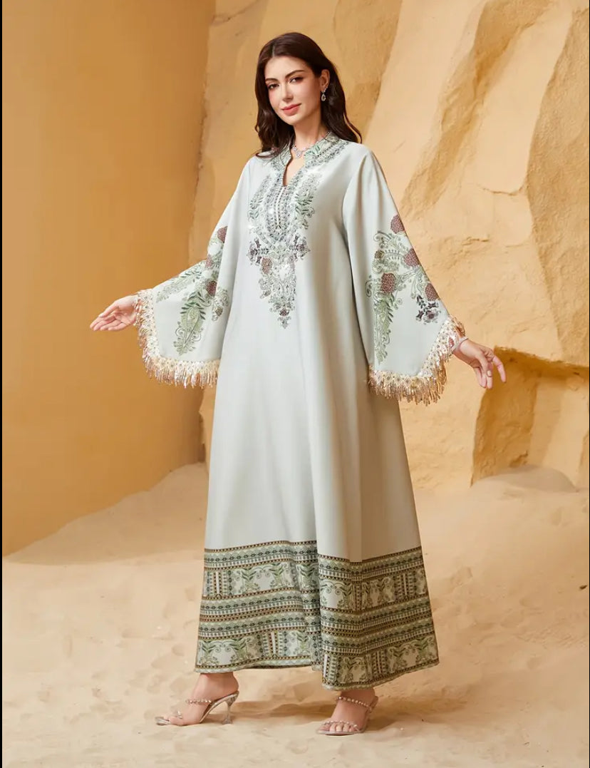 Ethereal Sage Embroidered Kaftan – Luxury Tassel-Trimmed Jalabiya
