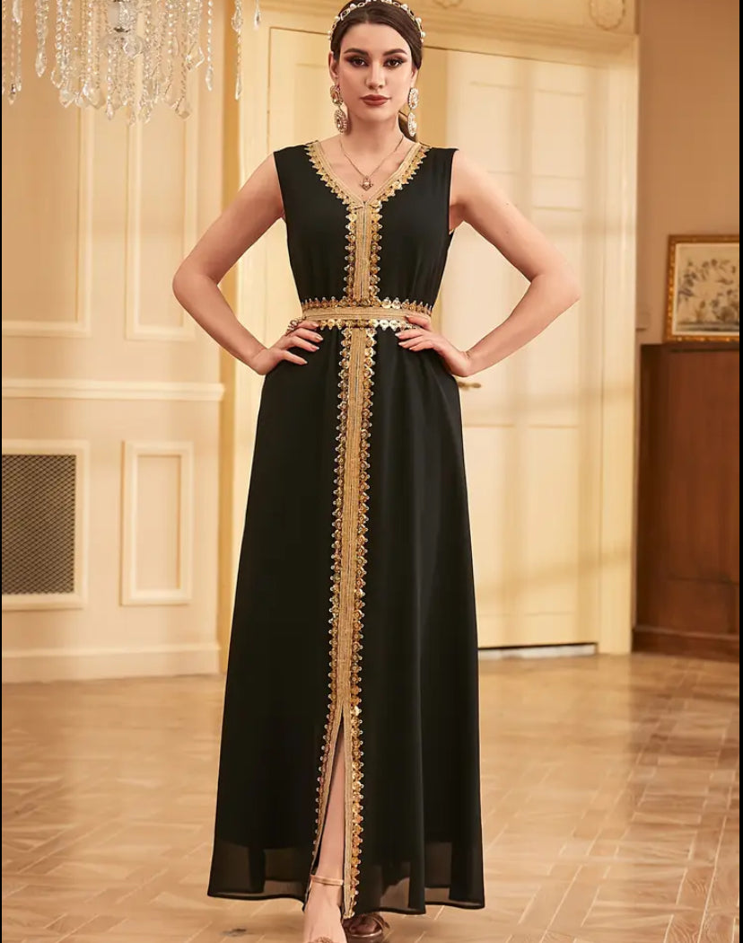 ✨ Royal Night: Gold-Embroidered Black Cape Kaftan ✨