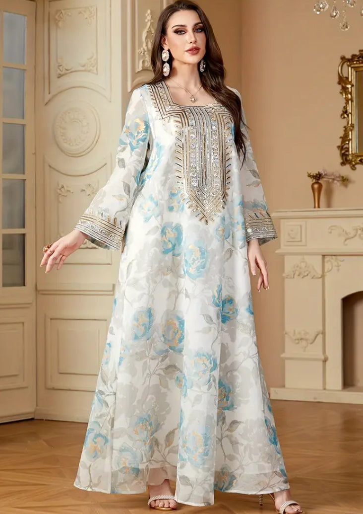 Premium Floral Organza Jalabiya with Luxury Hand-Embroidered Neckline