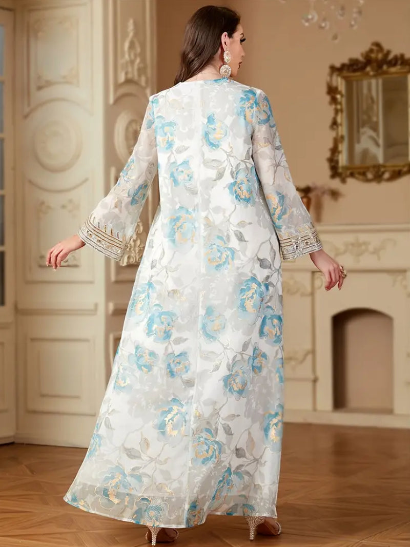 Premium Floral Organza Jalabiya with Luxury Hand-Embroidered Neckline