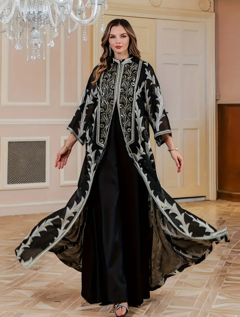 Luxury 2-Piece Black & Silver Embroidered Abaya Set with Inner Dress