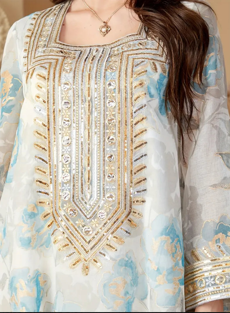 Premium Floral Organza Jalabiya with Luxury Hand-Embroidered Neckline