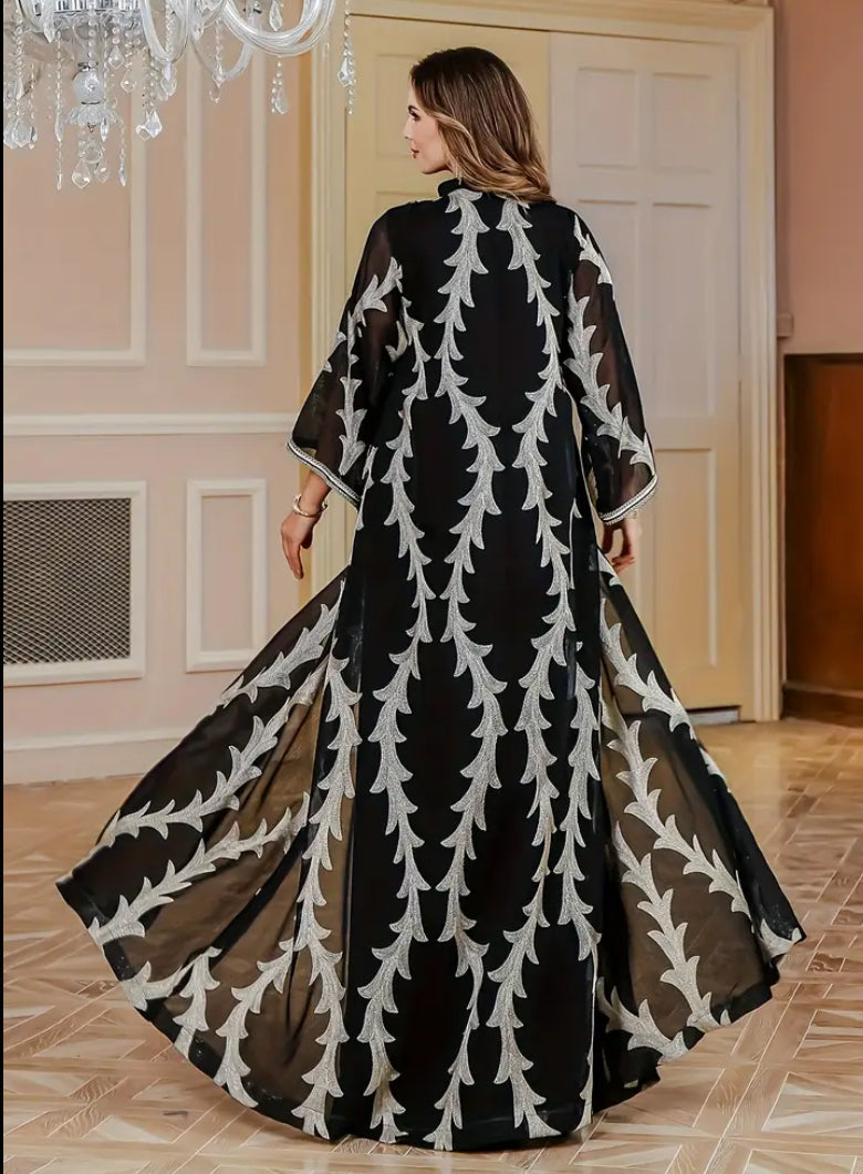 Luxury 2-Piece Black & Silver Embroidered Abaya Set with Inner Dress