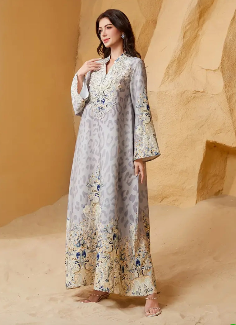 Premium Hand-Embroidered Leopard Print Jalabiya