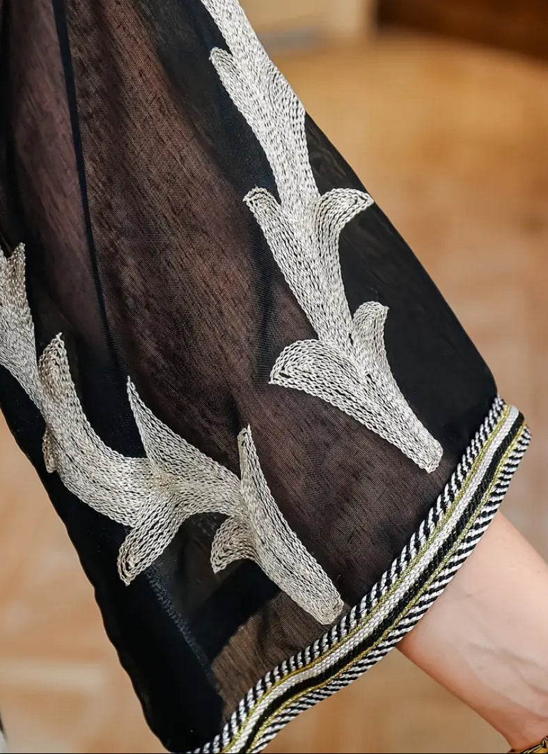 Luxury 2-Piece Black & Silver Embroidered Abaya Set with Inner Dress