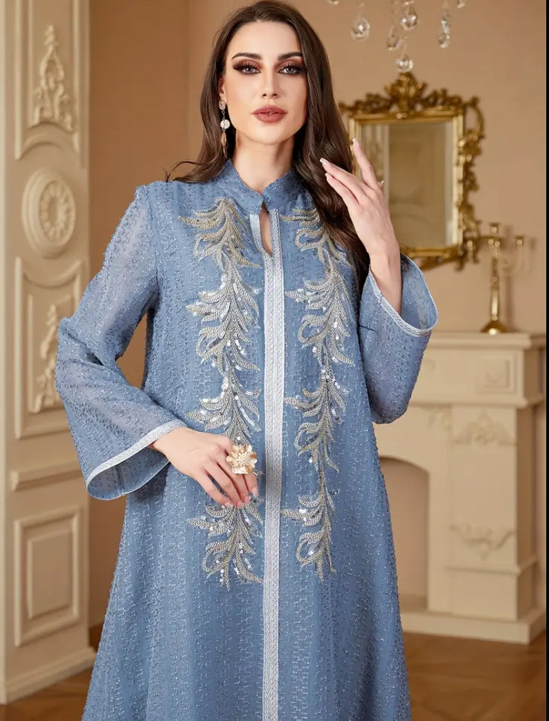 Royal Blue Chiffon Jalabiya with Luxury Silver Sequin Embroidery