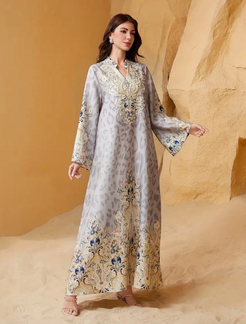 Premium Hand-Embroidered Leopard Print Jalabiya