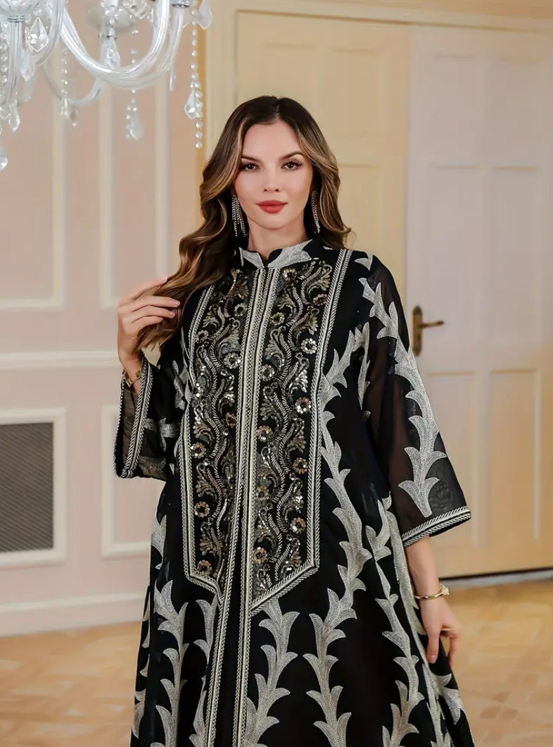 Luxury 2-Piece Black & Silver Embroidered Abaya Set with Inner Dress