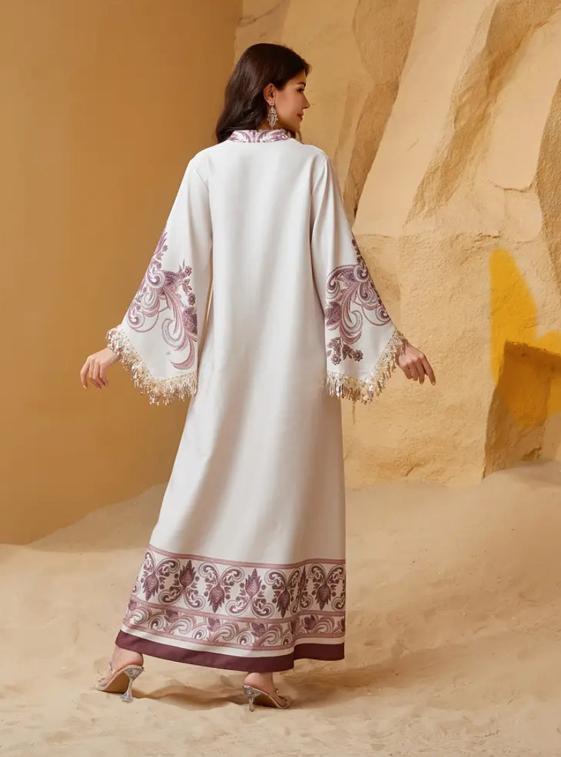 Ethereal Sage Embroidered Kaftan – Luxury Tassel-Trimmed Jalabiya