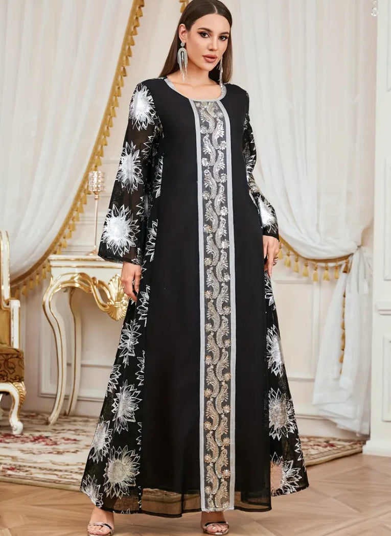 Luxury Black & Silver Sunflower Motif Jalabiya with Premium Embroidery