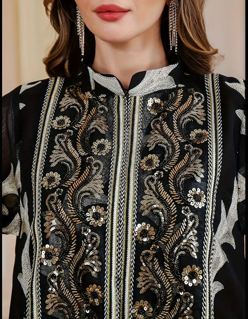 Luxury 2-Piece Black & Silver Embroidered Abaya Set with Inner Dress