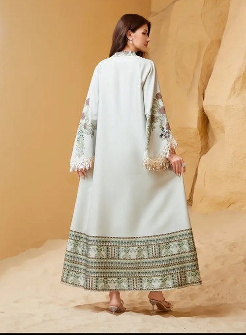 Ethereal Sage Embroidered Kaftan – Luxury Tassel-Trimmed Jalabiya
