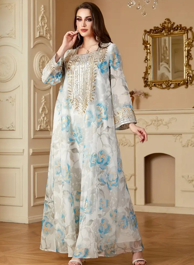 Premium Floral Organza Jalabiya with Luxury Hand-Embroidered Neckline