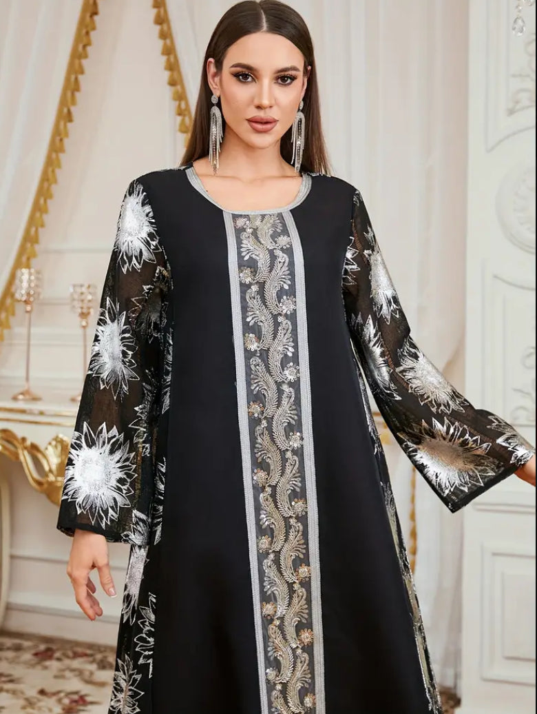 Luxury Black & Silver Sunflower Motif Jalabiya with Premium Embroidery