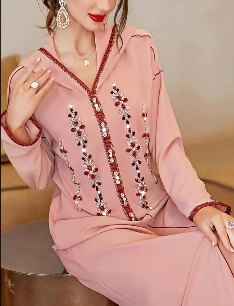✨ Dusty Rose Elegance: Hand-Embroidered Moroccan Kaftan ✨