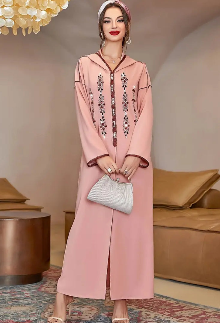 ✨ Dusty Rose Elegance: Hand-Embroidered Moroccan Kaftan ✨