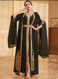 ✨ Royal Night: Gold-Embroidered Black Cape Kaftan ✨