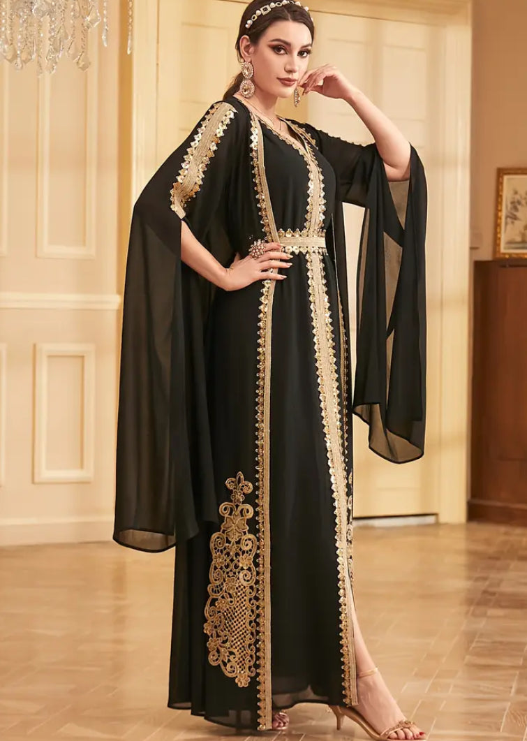 ✨ Royal Night: Gold-Embroidered Black Cape Kaftan ✨