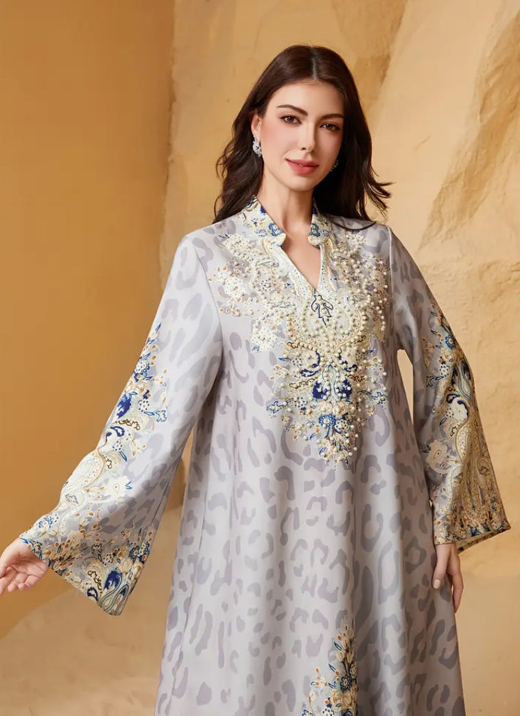 Premium Hand-Embroidered Leopard Print Jalabiya