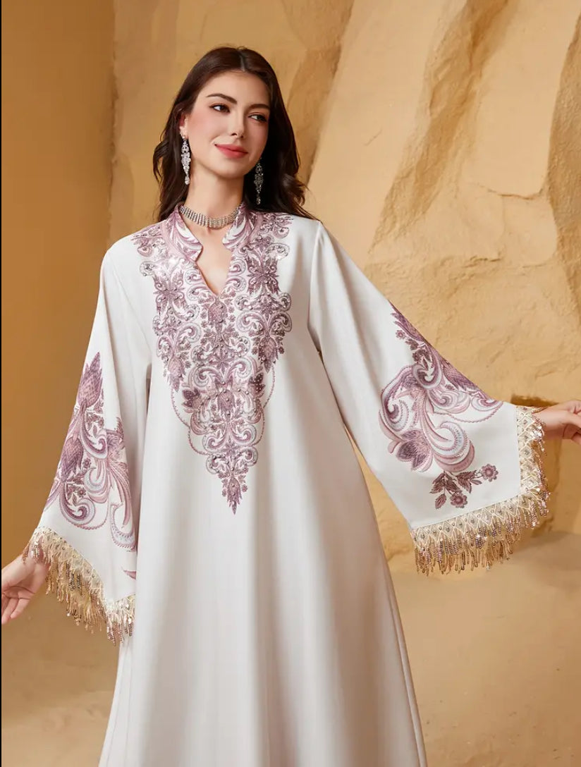 Ethereal Sage Embroidered Kaftan – Luxury Tassel-Trimmed Jalabiya