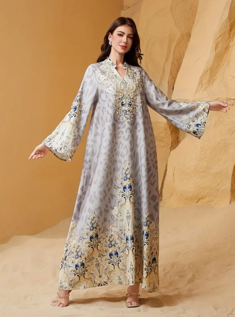 Premium Hand-Embroidered Leopard Print Jalabiya