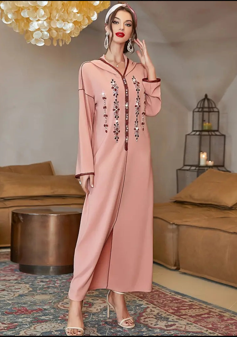 ✨ Dusty Rose Elegance: Hand-Embroidered Moroccan Kaftan ✨